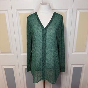 Cabi 5208 Bountiful Top Green Navy Paisley V Neck Long Sleeve Blouse Top Size M